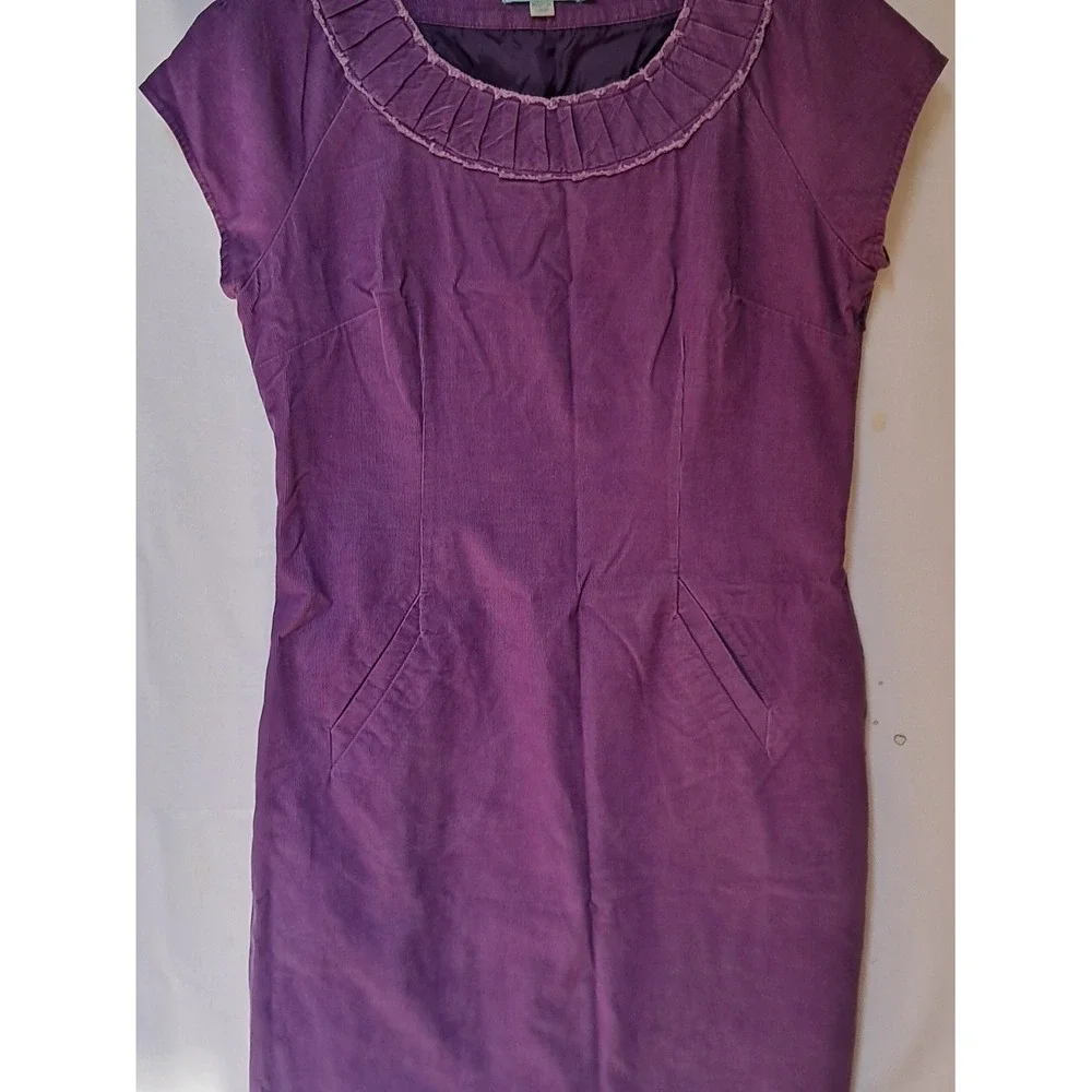 Boden Purple Corduroy Pleated Neck Shift Dress Pockets US 10L UK 14L Plum‎